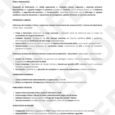 Vista previa CV de Graduado en Enfermería ( DUE) optimizado para Filtros ATS, estructura limpia.