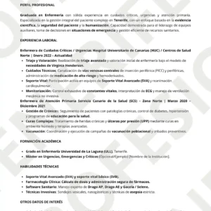 Vista previa de CV de Graduado en Enfermería (DUE) , optimizado y limpio.