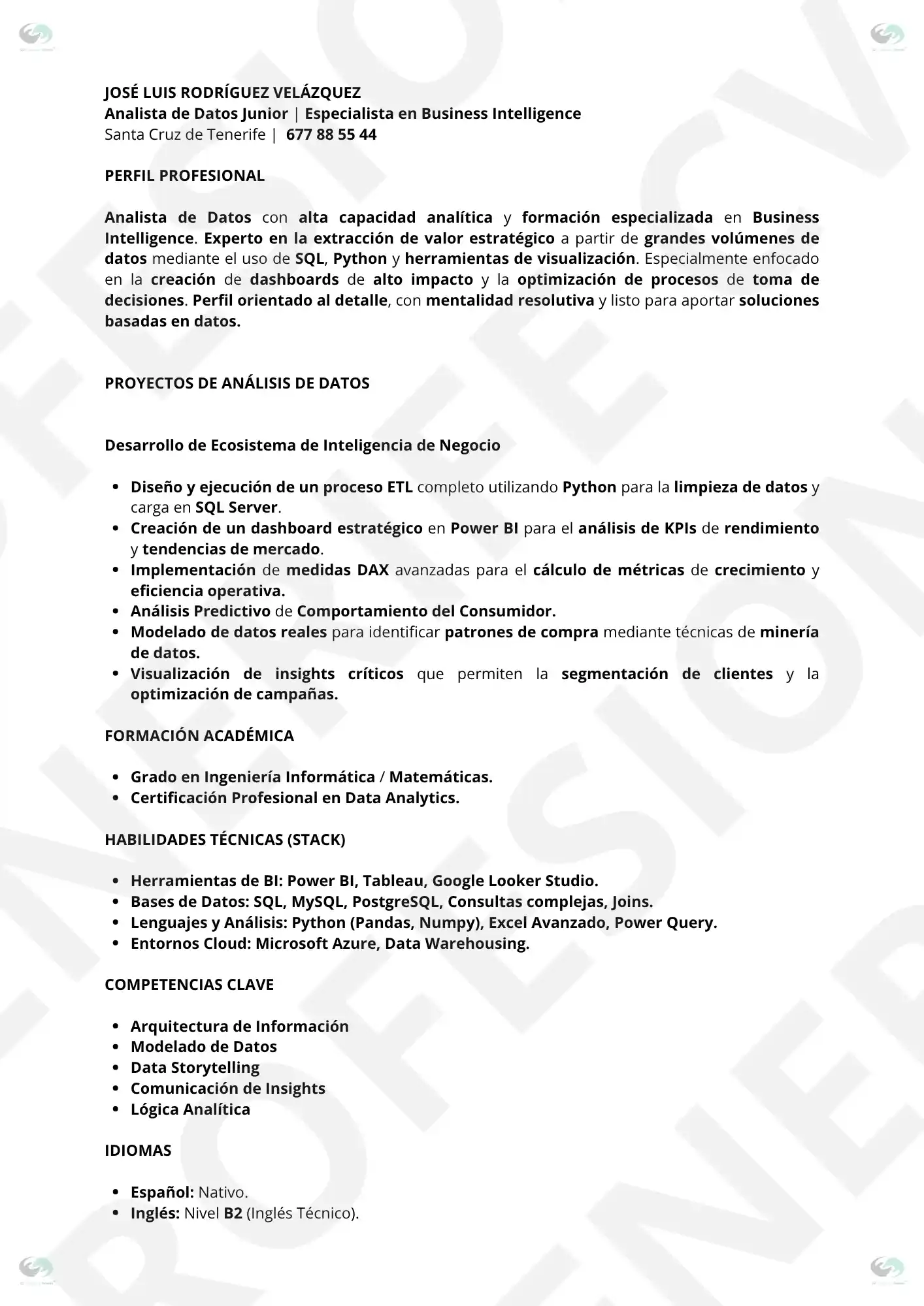 CV de Analista de Datos BI | Ejemplo para primer empleo