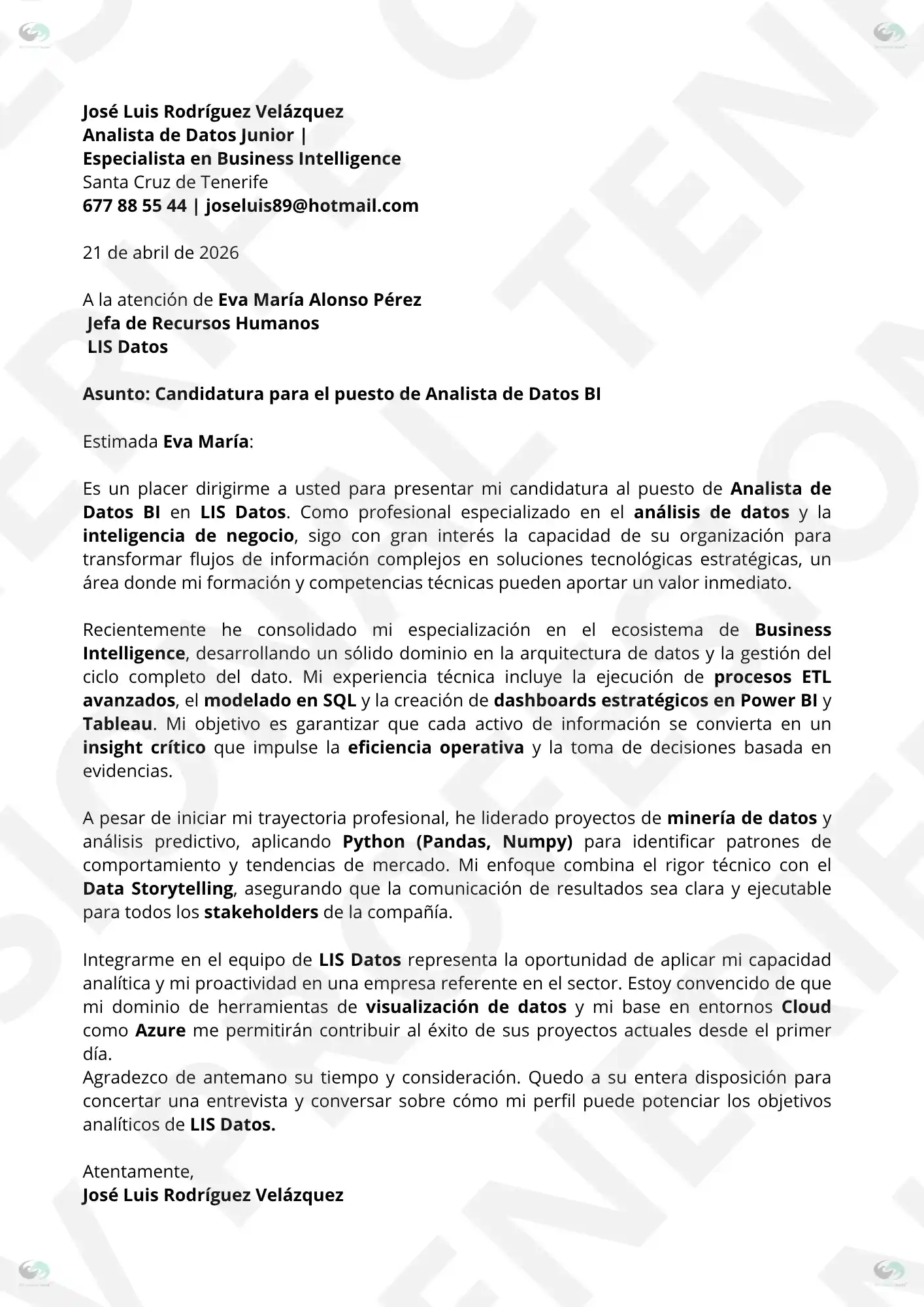 Carta de presentación – Analista de Datos BI | Ejemplo para primer empleo