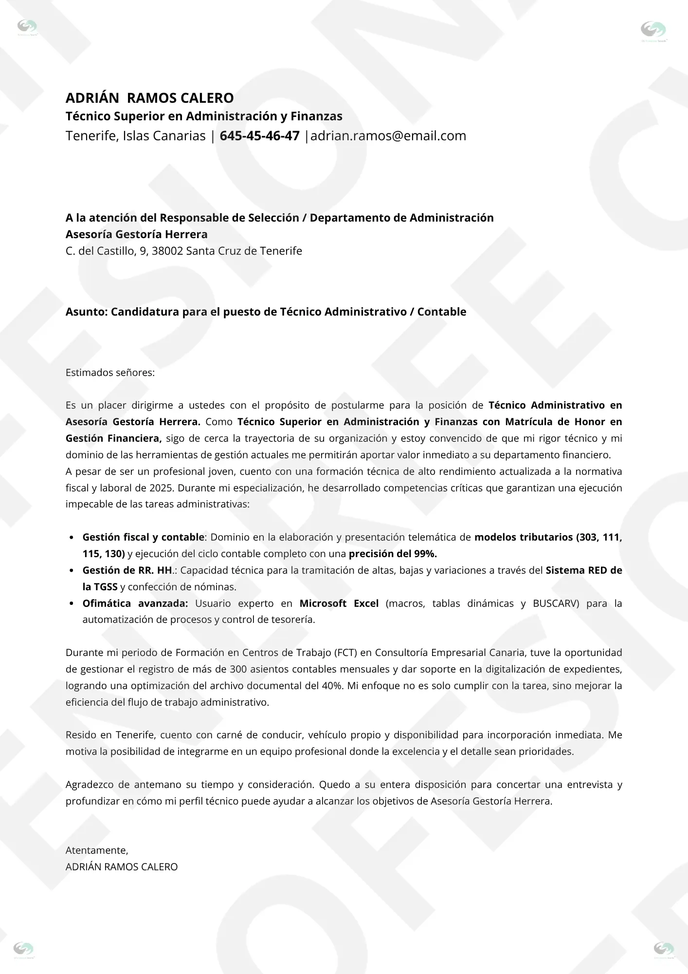 VISTA PREVIA ADMINISTRATIVO TCO SUPERIOR ADM FINANZAS 1 | CV Profesional Tenerife™ CV técnico para administrativo en gestión y finanzas, formato ATS profesional.