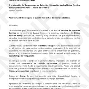 Vista previa Carta de Presentación Auxiliar de Medicina y Estética, optimizado ATS, estructura limpia