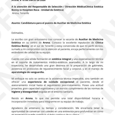 Vista previa Carta de Presentación Auxiliar de Medicina y Estética, optimizado ATS, estructura limpia