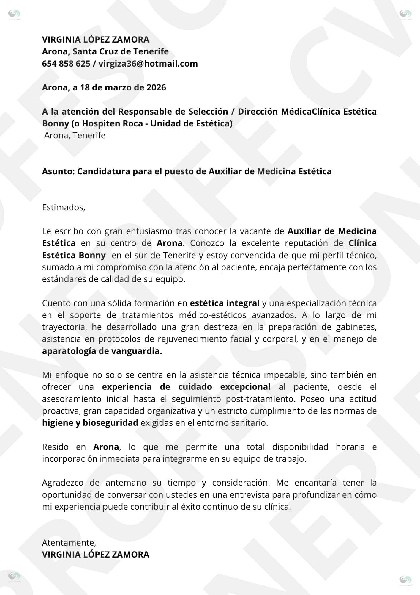 VISTA PREVIA AUXILIAR MEDICINA Y ESTETICA 1 1 | CV Profesional Tenerife™ Vista previa Carta de Presentación Auxiliar de Medicina y Estética, optimizado ATS, estructura limpia