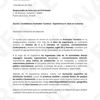 Vista previa Carta de Presentación Animador Turístico en Tenerife, optimizado para Filtros ATS, estructura limpia.