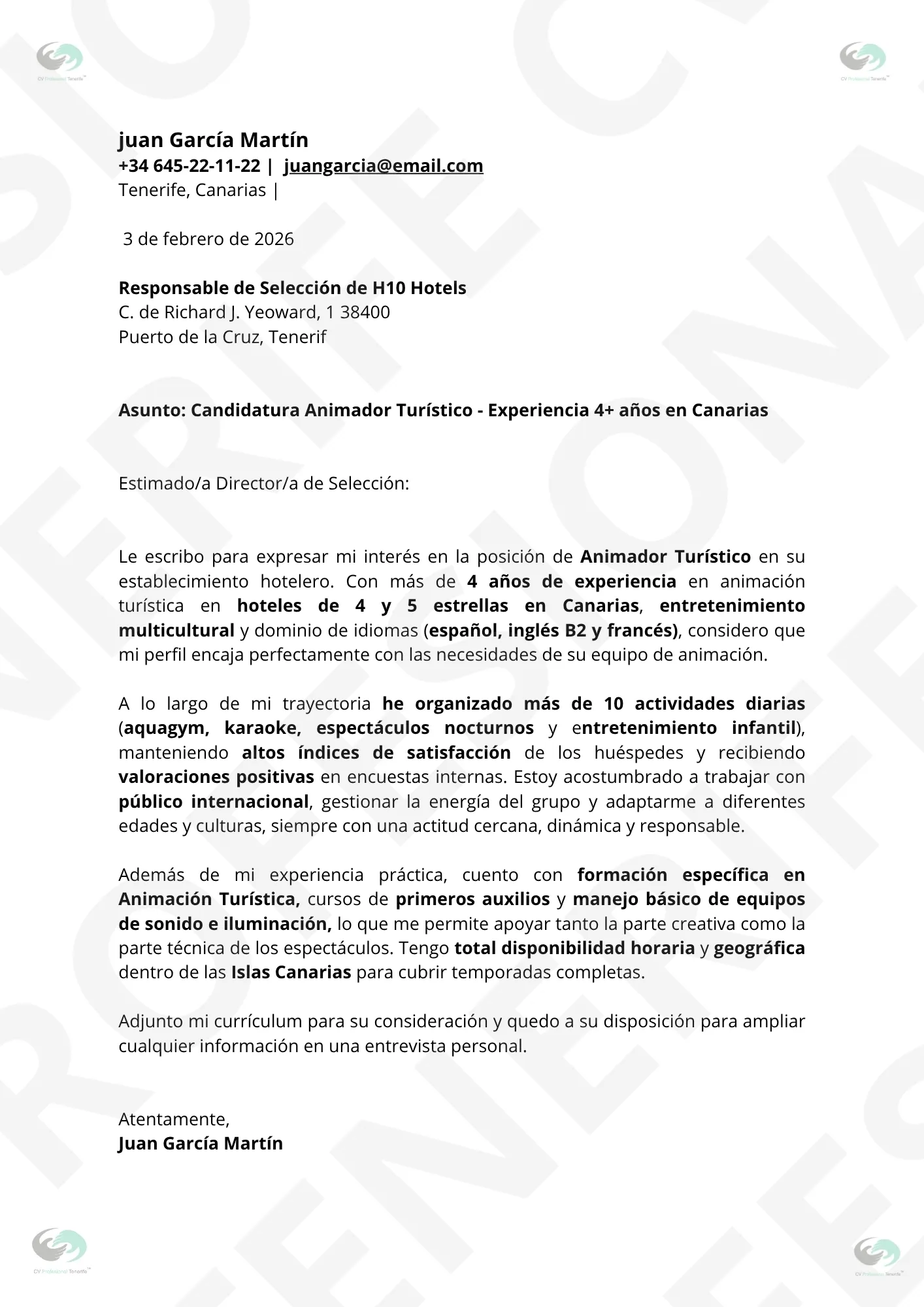 VISTA PREVIA Animador Turistico de Hotel 3 1 | CV Profesional Tenerife™ Vista previa Carta de Presentación Animador Turístico en Tenerife, optimizado para Filtros ATS, estructura limpia.