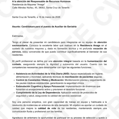 Vista previa Carta Presentación Antonia Hernández Gálvez Auxiliar de Geriatría optimizado para Filtros ATS, estructura limpia