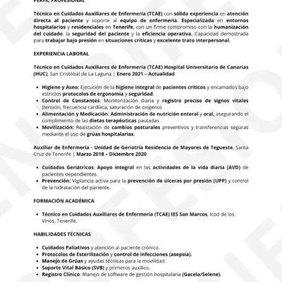 Vista previa CV TCAE optimizado para ATS, estructura limpia.