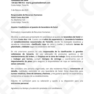 Vista previa Carta de Presentación Ayudante de Lavandería Tenerife, Optimizado para Filtros ATS, estructura limpia.