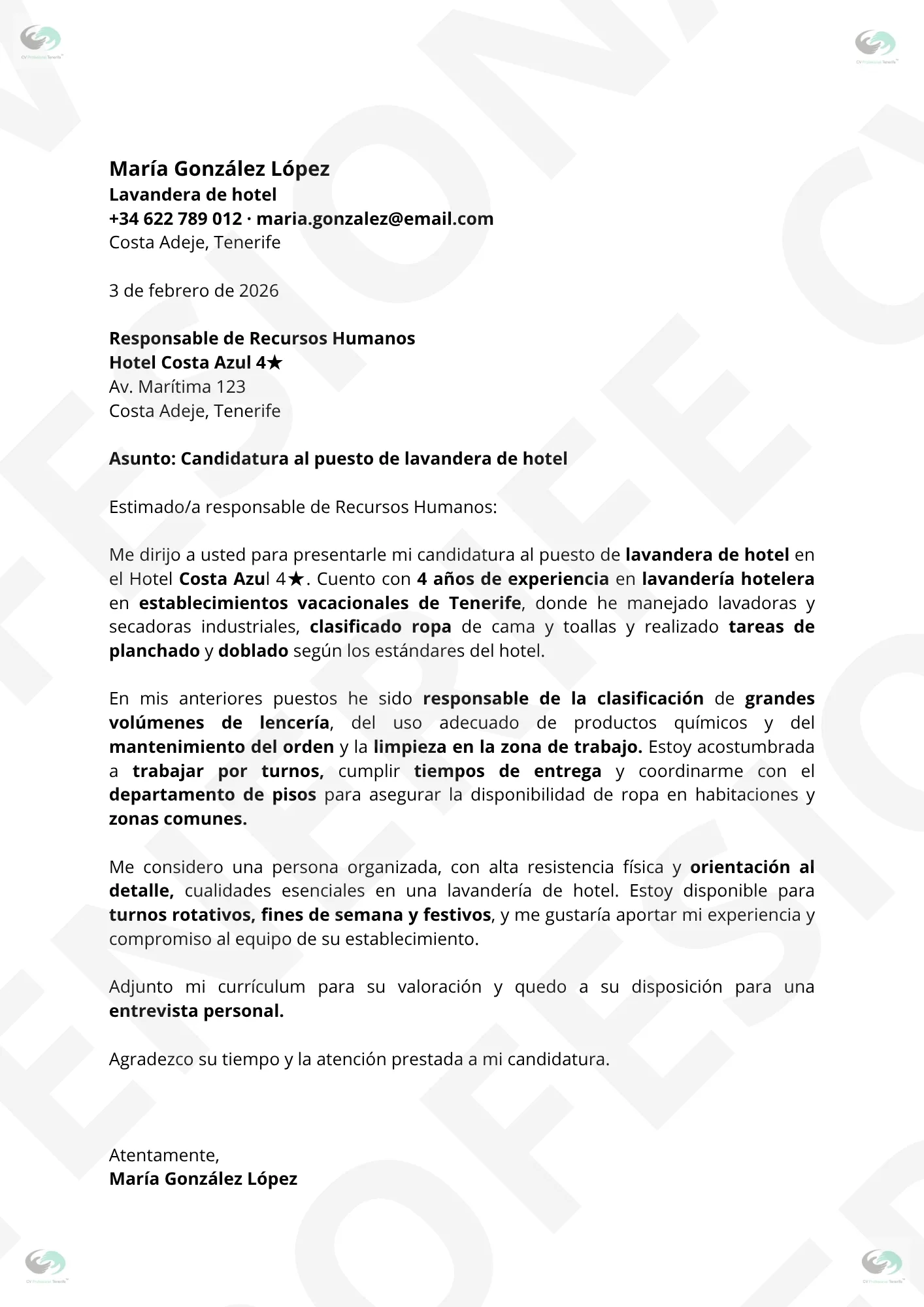 VISTA PREVIA Ayudante de Lanvaderia Hotel 3 | CV Profesional Tenerife™ Vista previa Carta de Presentación Ayudante de Lavandería Tenerife, Optimizado para Filtros ATS, estructura limpia.