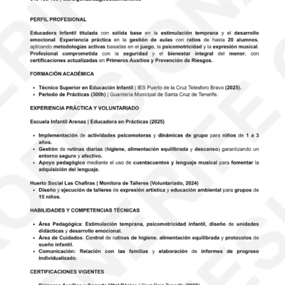 Currículum profesional para cuidador infantil y baby-sitter optimizado para filtros ATS.