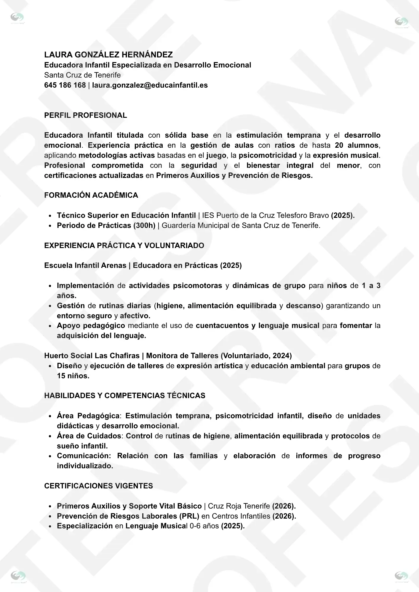 VISTA PREVIA CUIDADOR INFANTIL 7 | CV Profesional Tenerife™ Currículum profesional para cuidador infantil y baby-sitter optimizado para filtros ATS.