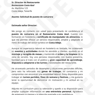Vista previa Carta Presentación Camarero Hotel/Restaurante, optimizado ATS, estructura limpia.