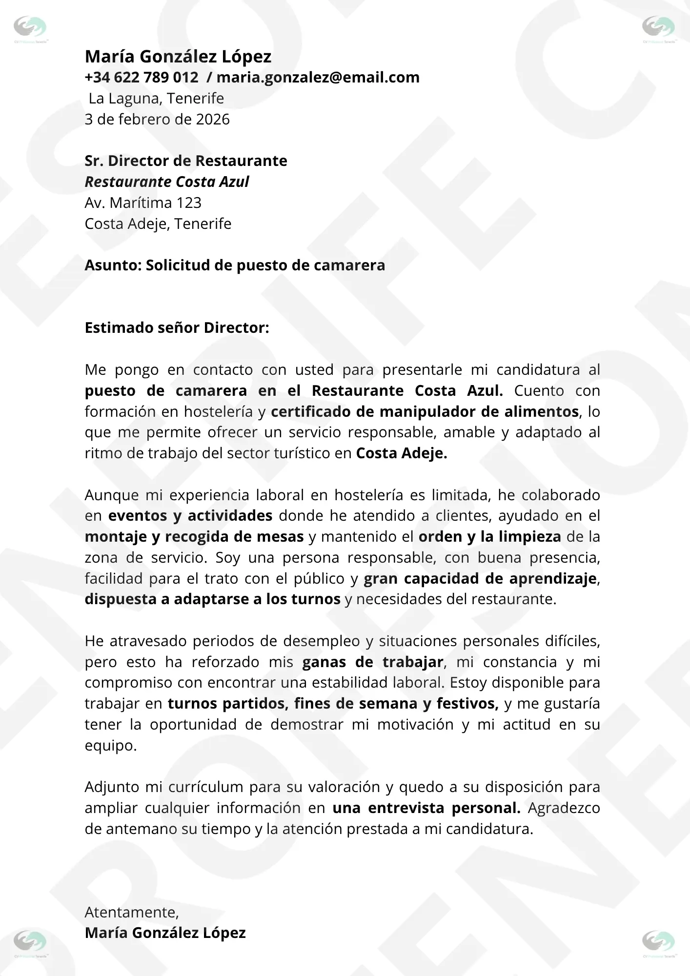 VISTA PREVIA Camarero RestauranteHotel 4 1 | CV Profesional Tenerife™ Vista previa Carta Presentación Camarero Hotel/Restaurante, optimizado ATS, estructura limpia.