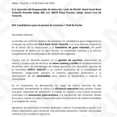 Vista previa Carta Presentación Cocinero Hotel/Restaurante , optimizado ATS.