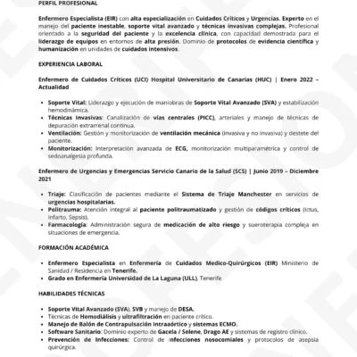 Vista previa CV Enfermero EIR , optimizado para ATS, estructura limpia.