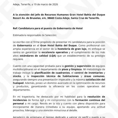 Vista previa de Carta de Presentación de Gobernanta de Hotel optimizado para ATS, estructura llimpia