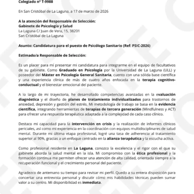 Vista previa Carta de Presentación Psicólogo Clínico Optimizado para Filtros ATS, estructura limpia.