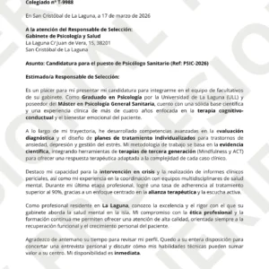 Vista previa de carta de presentación de Graduado en Psicología, optimizada para ATS y limpia