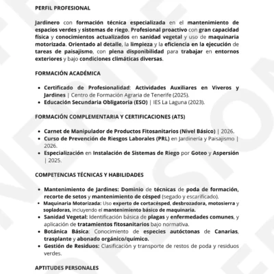 CV profesional para jardinero y mantenimiento de exteriores, optimizado ATS.