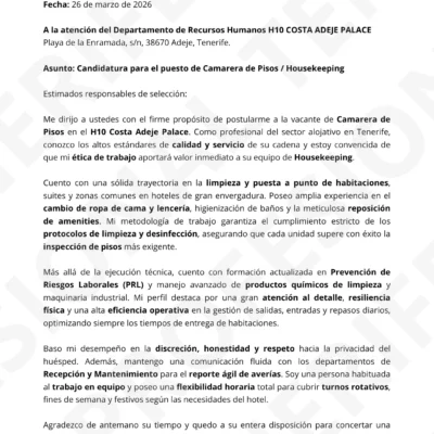 Vista previa Carta de Presentación candidatura camarera de pisos, optimizado ATS, estructura limpia.