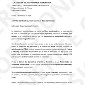 Carta de Presentación Mozo Almacén Logística Tenerife
