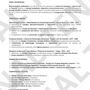 Vista previa CV Masajista & Quiromasajista optimizado ATS, estructura limpia.