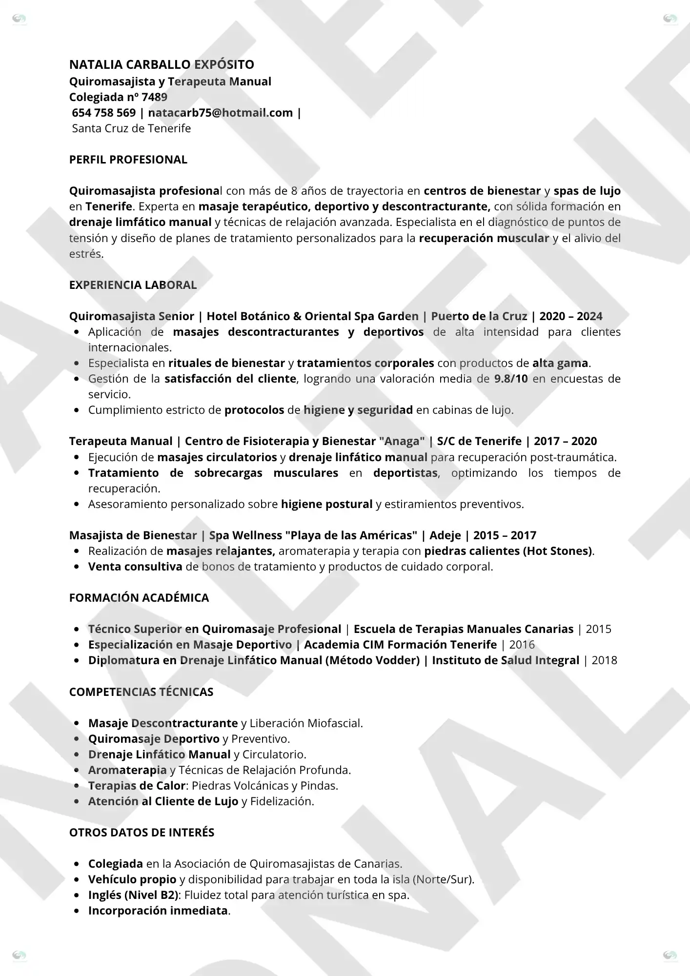 VISTA PREVIA Masajista Quiromasajista 1 1 | CV Profesional Tenerife™ Vista previa CV Masajista & Quiromasajista optimizado ATS, estructura limpia.