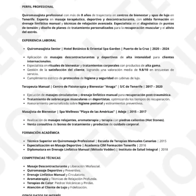 Vista previa CV Quiromasajista & Masajista optimizado para Filtros ATS, estructura limpia