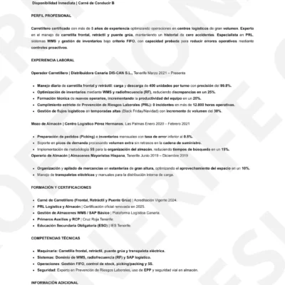 Currículum profesional para carretillero de logística, optimizado para filtros ATS.