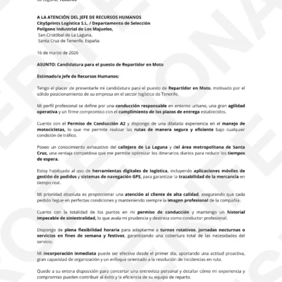 Vista previa Carta de Presentación Alvaro García Velázquez Repartidor en Moto Delivery, optimizado para Filtros ATS, estructura limpia.