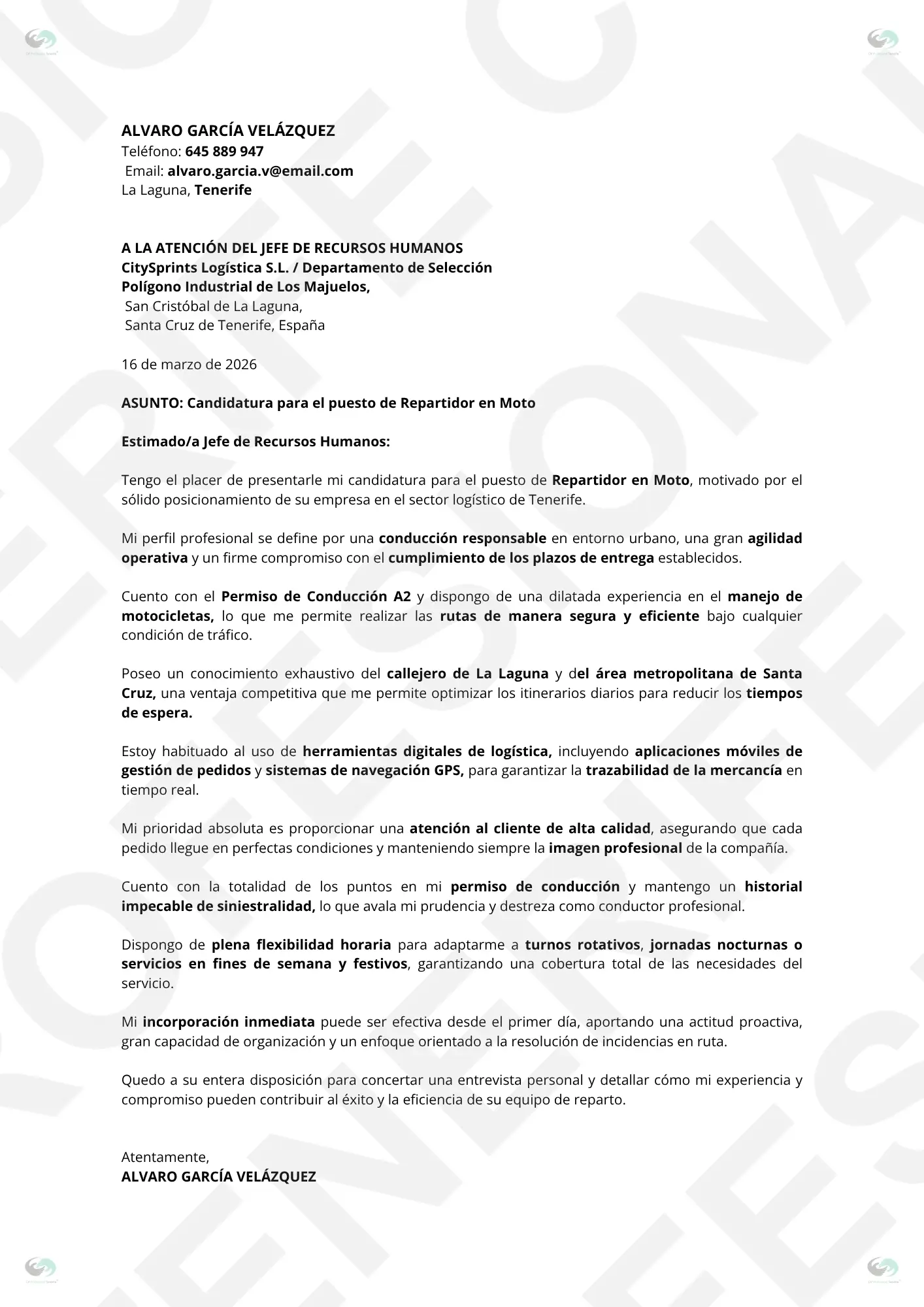 VISTA PREVIA PACK Repartidor en Moto 2 | CV Profesional Tenerife™ Vista previa Carta de Presentación Alvaro García Velázquez Repartidor en Moto Delivery, optimizado para Filtros ATS, estructura limpia.