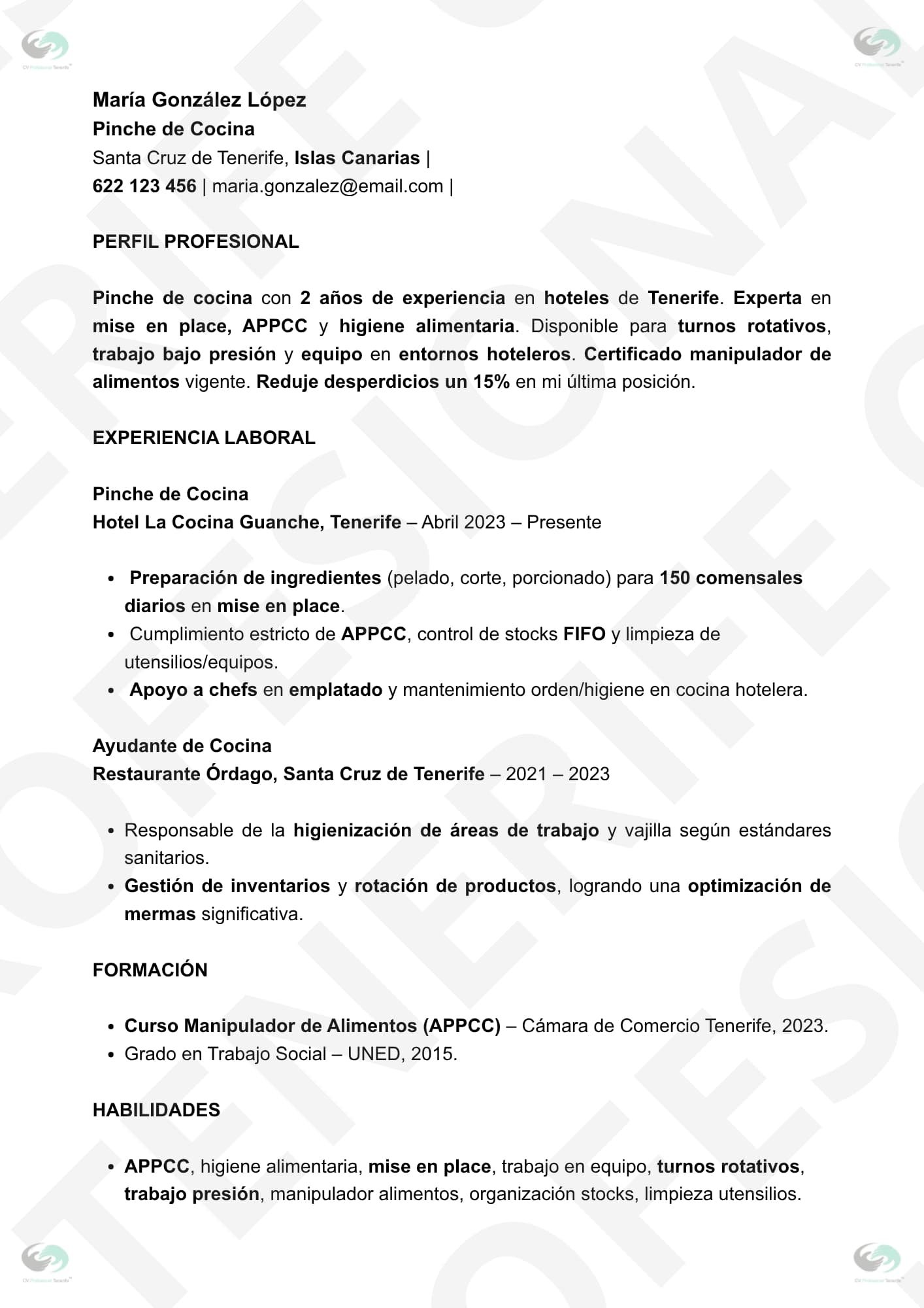VISTA PREVIA PINCHE de COCINA 4 1 | CV Profesional Tenerife™ Vista previa CV Pinche de Cocina Optimizado filtros ATS, estructura limpia.