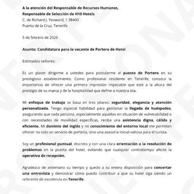 Vista previa Carta de Presentación de Portero de Hotel optimizado ATS, estructura limpia.