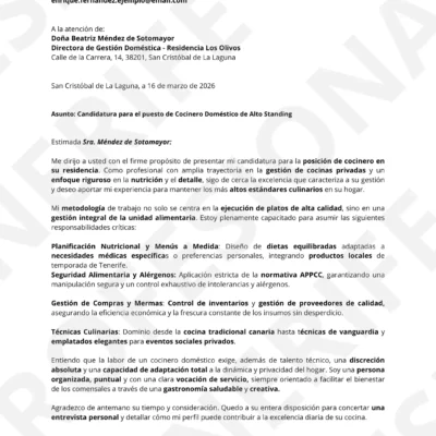 Currículum profesional para cocinero doméstico, optimizado para selección ATS.