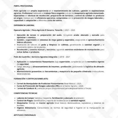 Currículum profesional para peón agrícola optimizado para sistemas ATS.