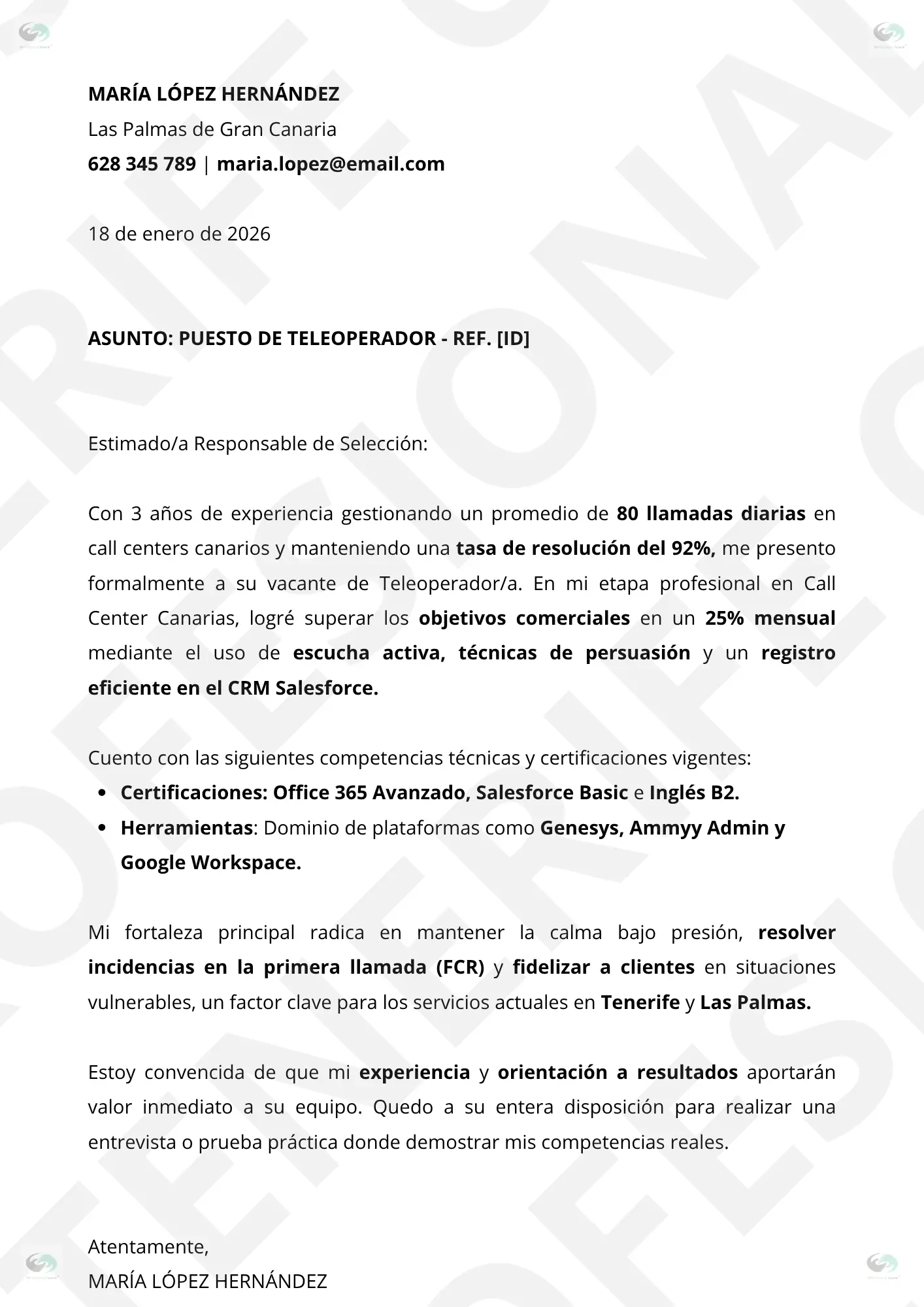 VISTA PREVIA TELEOPERADORA 2 1 | CV Profesional Tenerife™ Currículum para especialista en atención al cliente y teleoperadora optimizado ATS.