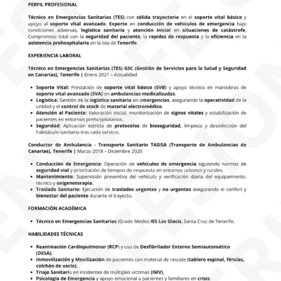 CV Profesional Tenerife: Técnico en Emergencias Sanitarias (TES) (Optimizado para Filtros ATS)