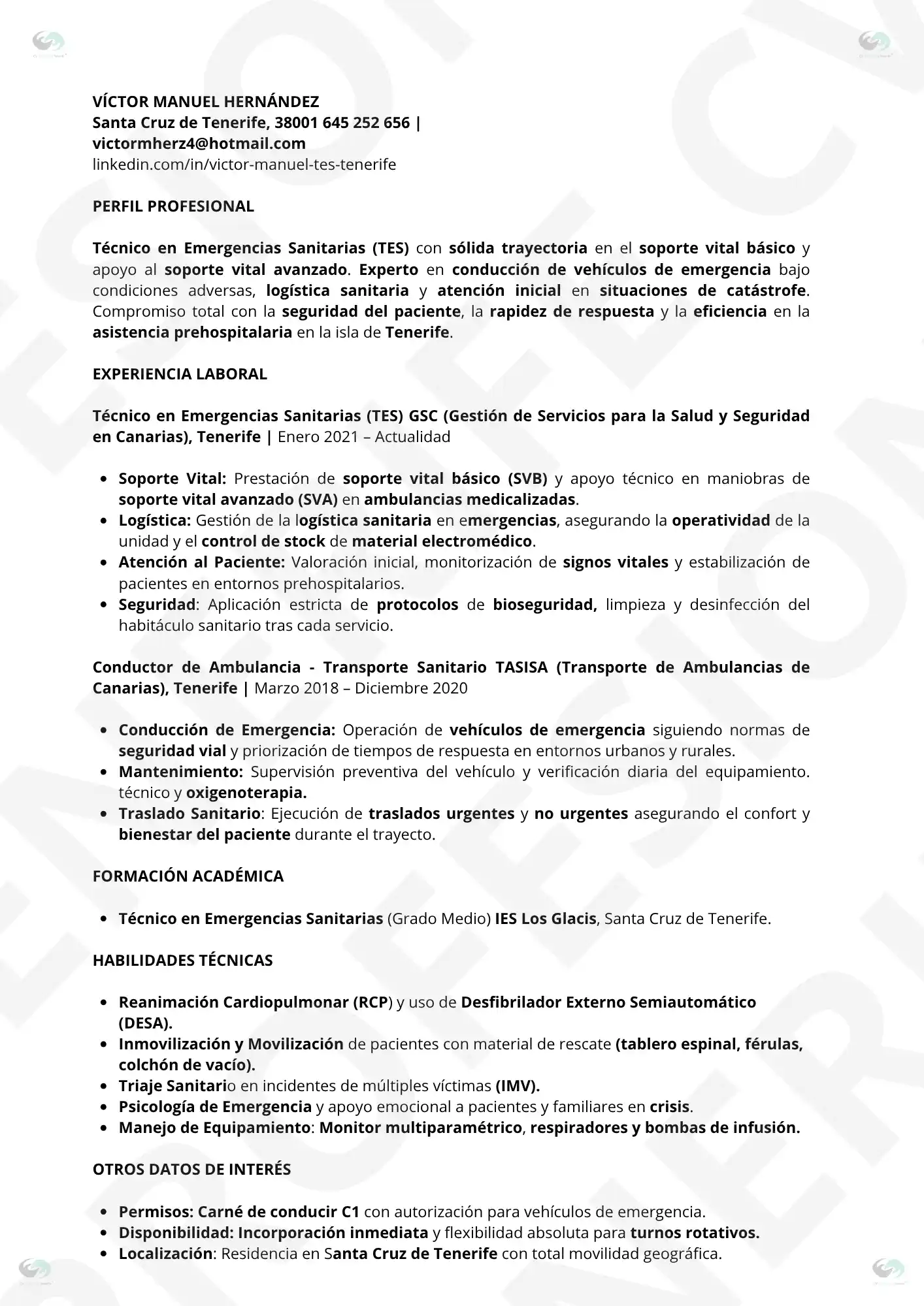 VISTA PREVIA Tecnico de Emergencias Sanitarias 8 | CV Profesional Tenerife™ CV Profesional Tenerife: Técnico en Emergencias Sanitarias (TES) (Optimizado para filtros ATS)