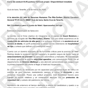 CV Profesional Valet/ Aparcacoches en Tenerife