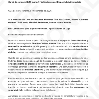 Vista previa Carta de Presentación Portero de Hotel en Tenerife, optimizado para ATS, estructura limpia.