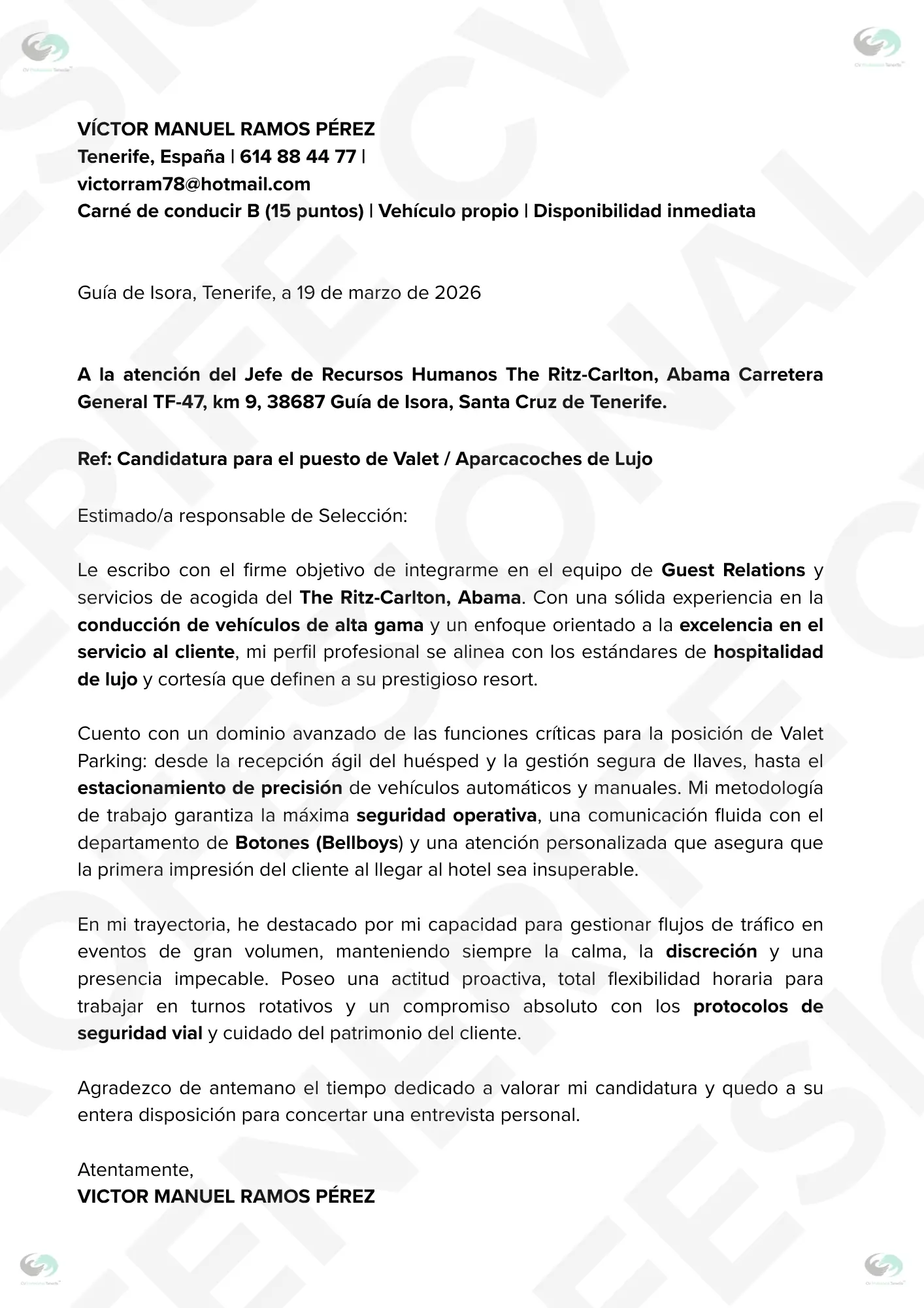 VISTA PREVIA ValetAparcador 4 1 | CV Profesional Tenerife™ Vista previa Carta de Presentación Portero de Hotel en Tenerife, optimizado para ATS, estructura limpia.