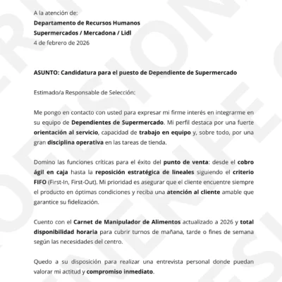 "Ejemplo de carta de presentación profesional para Dependiente de Comercio, optimizada para filtros ATS y procesos de selección en Tenerife."