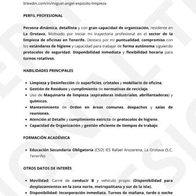 Currículum para operario de limpieza de oficinas, formato ATS garantizado.