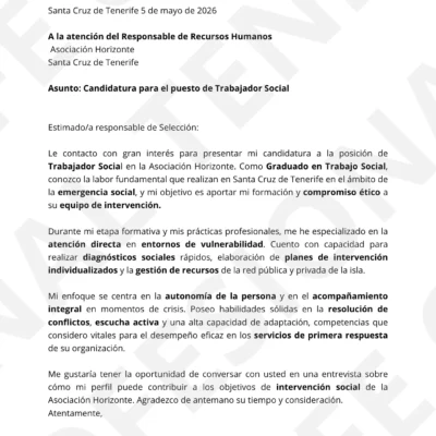 Vista previa Carta de Presentación de Graduado o Diplomado en Trabajo Social Optimizado para Filtros ATS, estructura limpia.