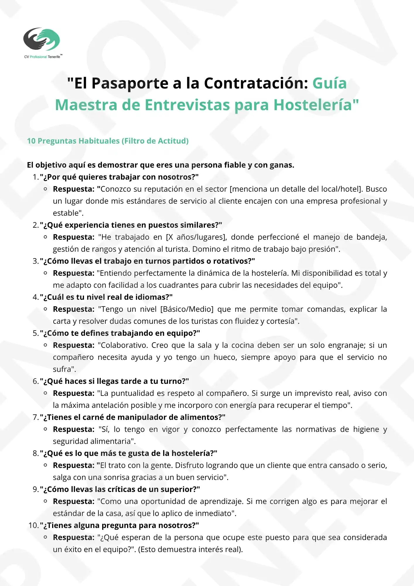 Vista Previa Pasaporte a la Contratacion Hosteleria 3 | CV Profesional Tenerife™ Vista previa cuestionario Pasaporte Guía a la Contratación : Hostelería.