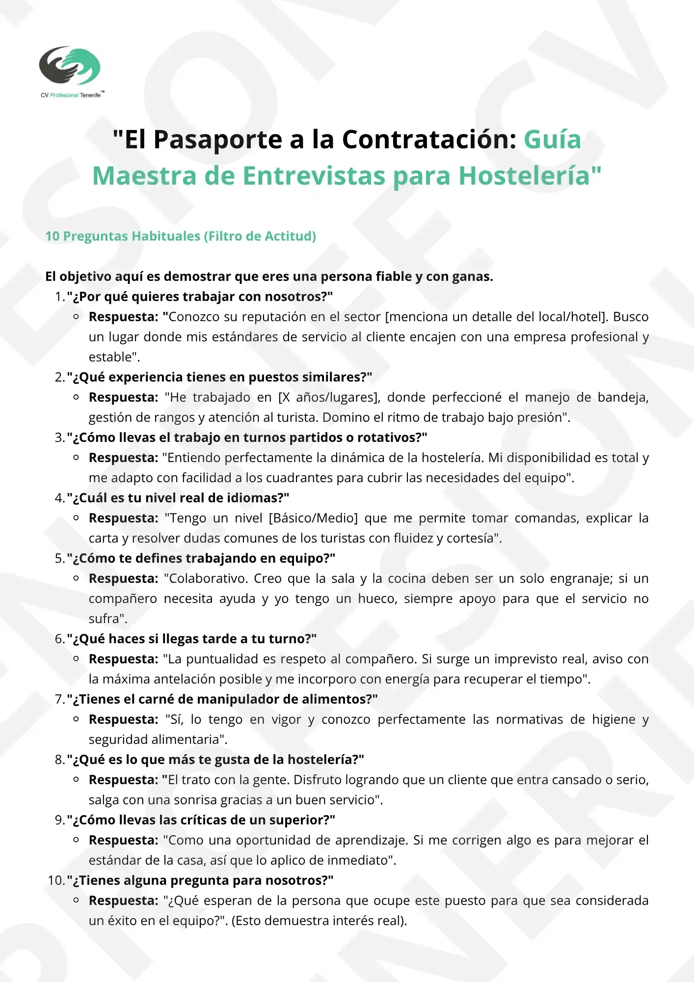 Vista Previa Pasaporte a la Contratacion Hosteleria 4 | CV Profesional Tenerife™ Guía maestra de entrevistas para el sector hostelería en Tenerife.