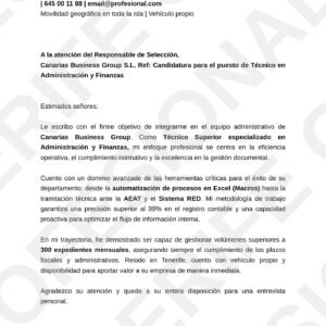 Vista previa de un currículum profesional para auxiliar administrativo en Tenerife, con diseño optimizado para superar sistemas de selección ATS y destacar competencias de gestión.