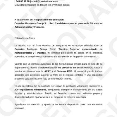Vista previa de un currículum profesional para auxiliar administrativo en Tenerife, con diseño optimizado para superar sistemas de selección ATS y destacar competencias de gestión.