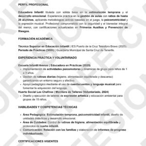 Currículum profesional de cuidador infantil con diseño optimizado para filtros ATS, presentando una estructura limpia y clara para el sector de cuidados en Tenerife.